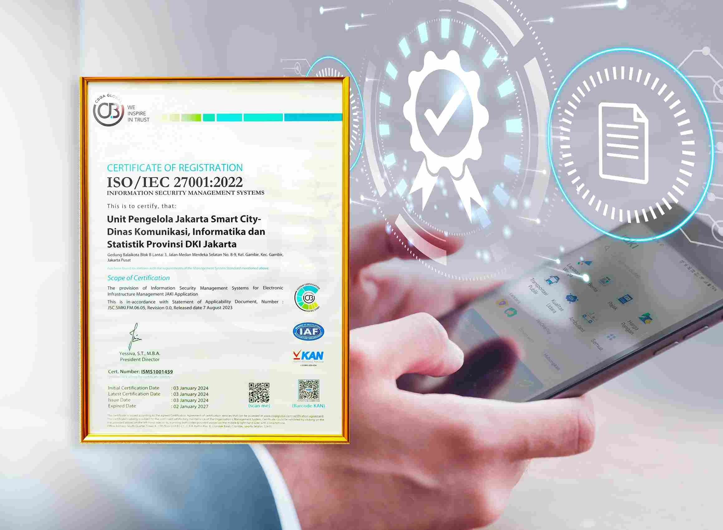 Jakarta Smart City mendapat sertifikasi SNI ISO/IEC 27001:2022 terkait pengelolaan keamanan informasi. Baca selengkapnya di sini.